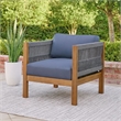 Pemberly Row Club Lounge Chair Woven Rattan Rope Brown Acacia Wood Gray Fabric