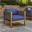 Pemberly Row Club Lounge Chair Woven Rattan Rope Brown Acacia Wood Gray Fabric