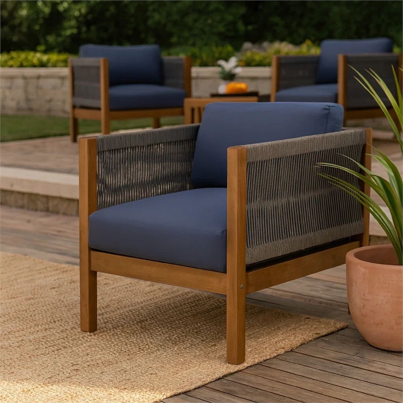Pemberly Row Club Lounge Chair Woven Rattan Rope Brown Acacia Wood Gray Fabric