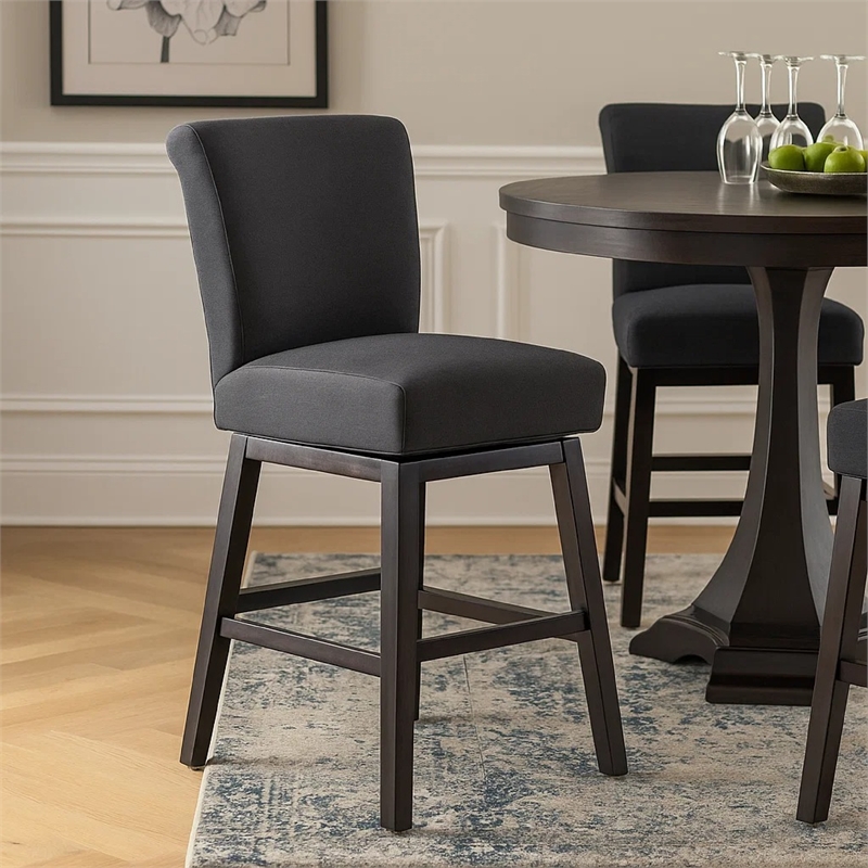 Pemberly Row Swivel Barstool Chair in Charcoal Gray Upholstery Espresso Brown