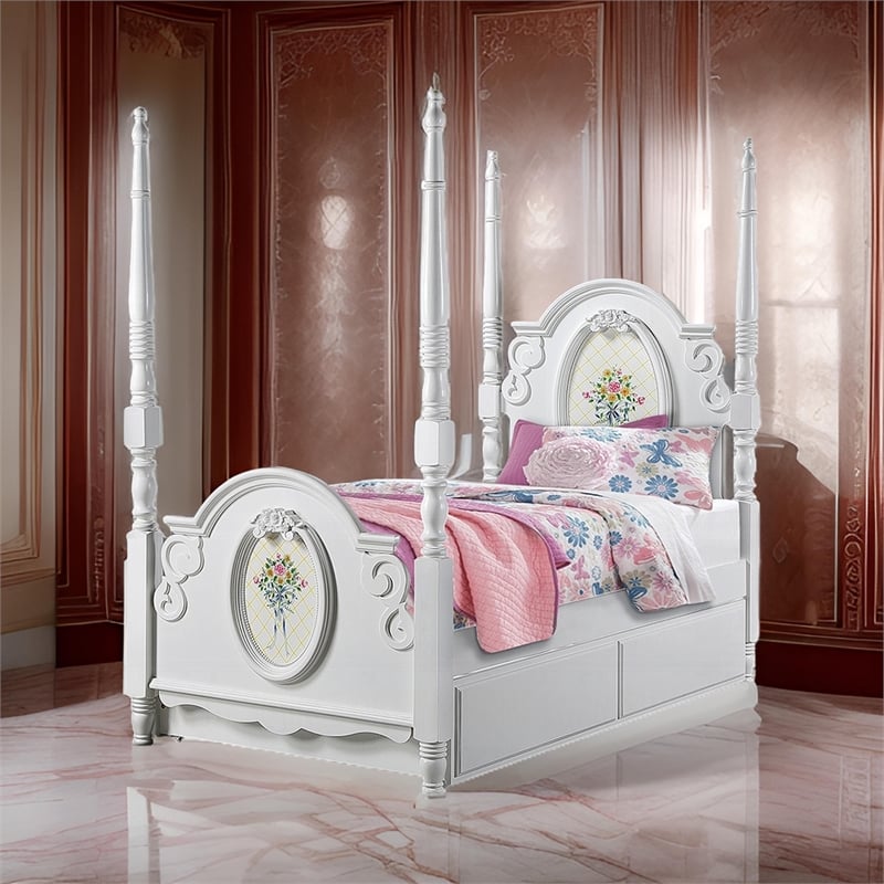 Pemberly Row Twin 4 Poster Princess Bed Classic Arched Headboard in White Wood