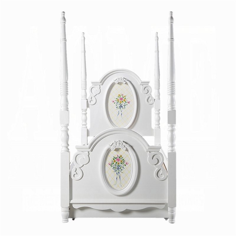 Pemberly Row Twin 4 Poster Princess Bed Classic Arched Headboard in White Wood