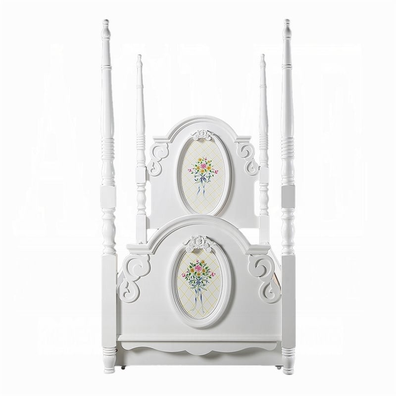 Pemberly Row Twin 4 Poster Princess Bed Classic Arched Headboard in White Wood