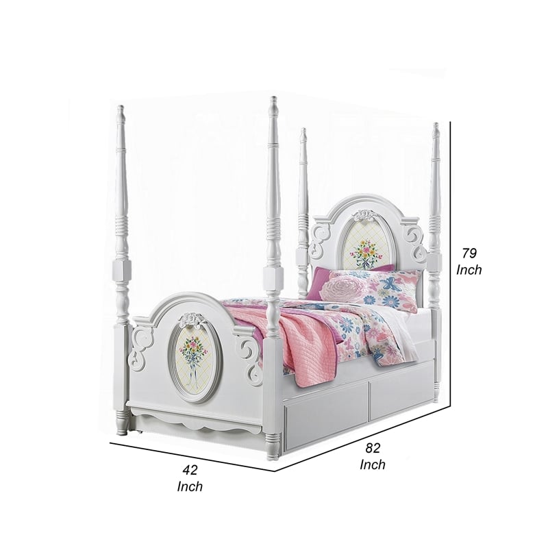 Pemberly Row Twin 4 Poster Princess Bed Classic Arched Headboard in White Wood