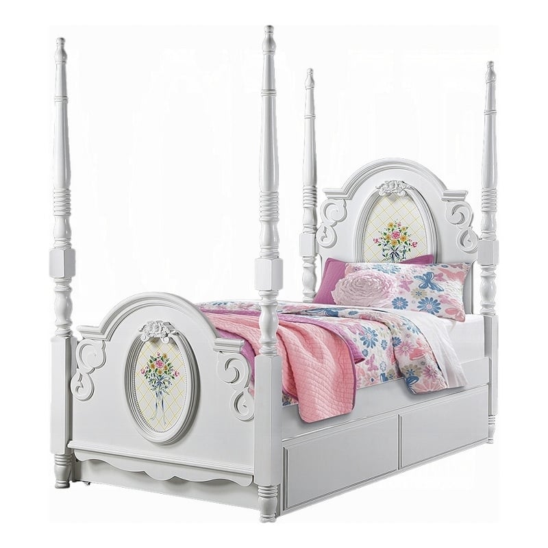 Pemberly Row Twin 4 Poster Princess Bed Classic Arched Headboard in White Wood