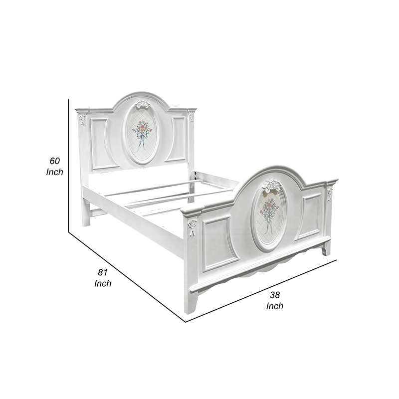 Pemberly Row Full Size Bed Floral Motifs Arched Headboard in Classic White Wood