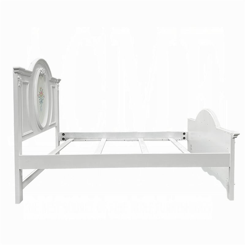 Pemberly Row Full Size Bed Floral Motifs Arched Headboard in Classic White Wood