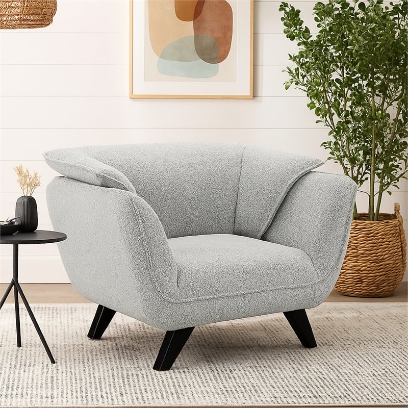 Pemberly Row Accent Armchair Rounded Back in Light Gray Boucle Solid Pine Wood