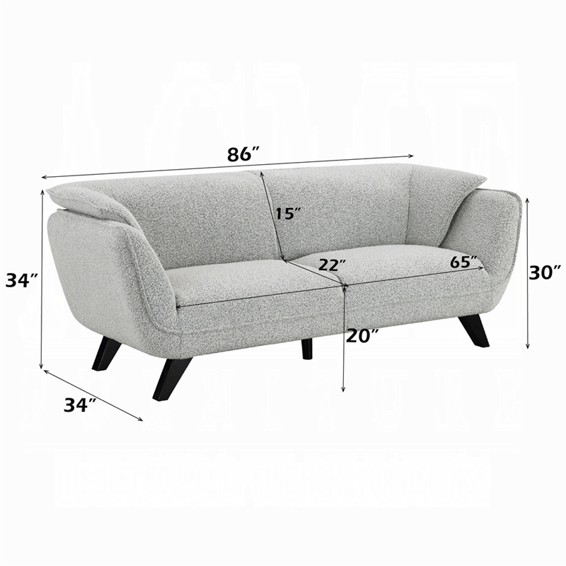 Pemberly Row 86 Inch Sofa Rounded Back in Light Gray Boucle Solid Pine Wood