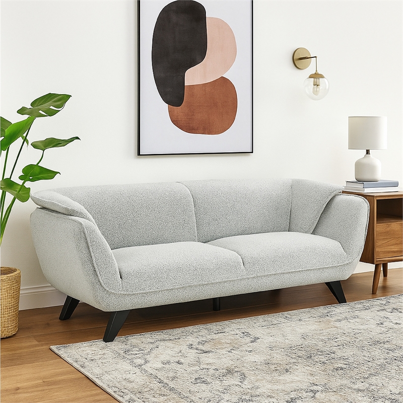 Pemberly Row 86 Inch Sofa Rounded Back in Light Gray Boucle Solid Pine Wood