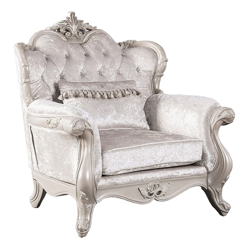 Pemberly Row Accent Chair with Crown Molding Diamond Tufted in Off White Wood
