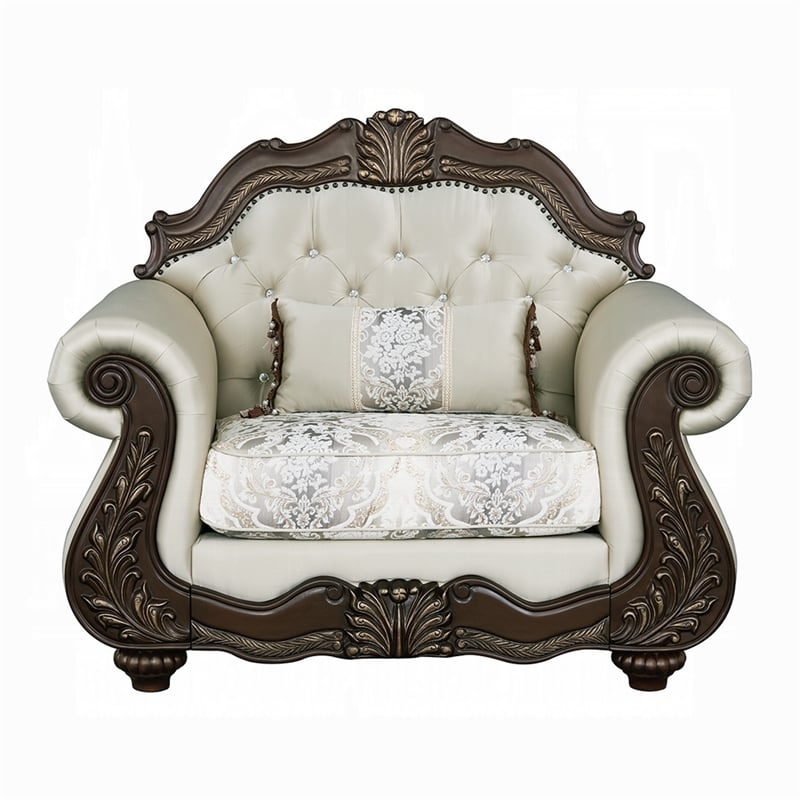 Pemberly Row Accent Chair Floral Classic in Cherry Brown Wood Beige 1 Pillow