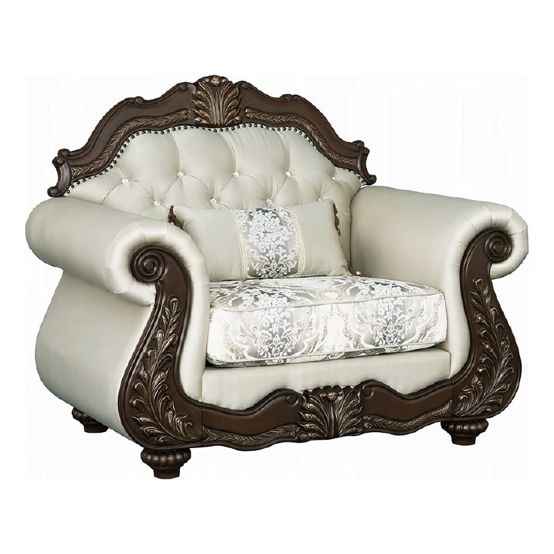 Pemberly Row Accent Chair Floral Classic in Cherry Brown Wood Beige 1 Pillow