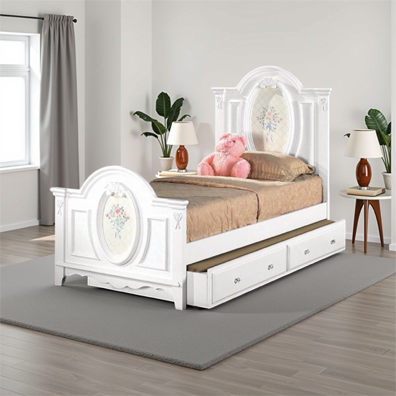 Pemberly Row Twin Size Bed Floral Motifs Arched Headboard in Classic White Wood