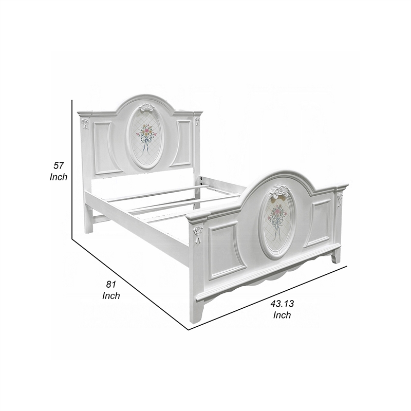 Pemberly Row Twin Size Bed Floral Motifs Arched Headboard in Classic White Wood