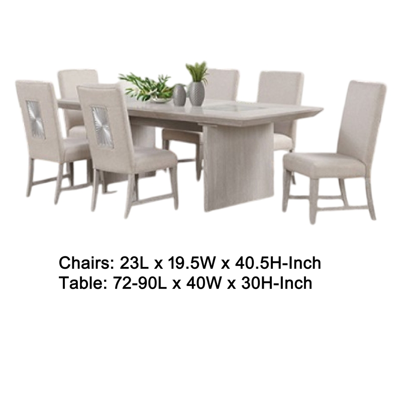 Pemberly Row 7 Pc Dining Table Set Extendable Leaf 6 Fabric Chairs in Gray Wood