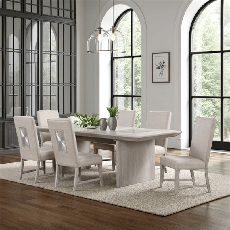 Pemberly Row 7 Pc Dining Table Set Extendable Leaf 6 Fabric Chairs in Gray Wood