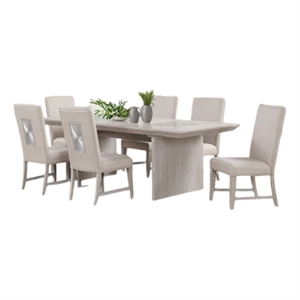 Pemberly Row 7 Pc Dining Table Set Extendable Leaf 6 Fabric Chairs in Gray Wood