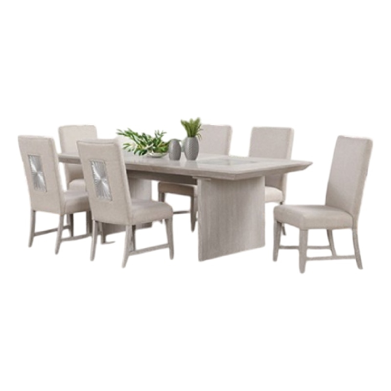 Pemberly Row 7 Pc Dining Table Set Extendable Leaf 6 Fabric Chairs in Gray Wood