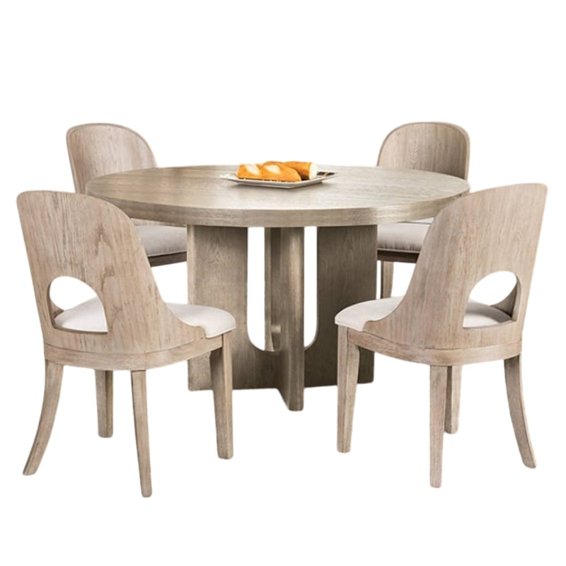 Pemberly Row 5 Piece Round Dining Table Set Polyester Chairs in White Solid Wood