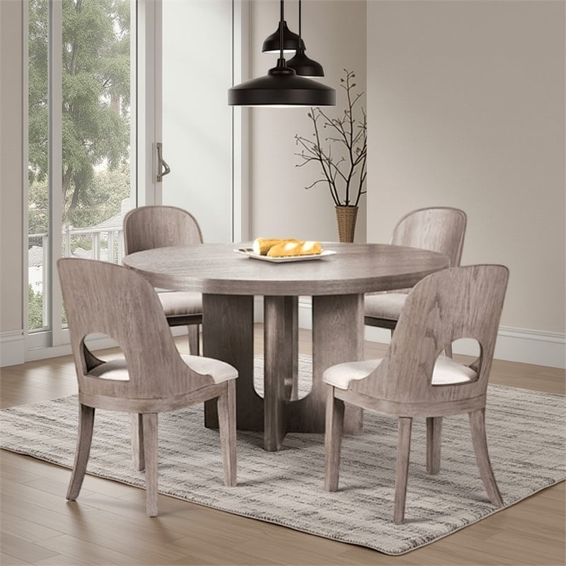 Pemberly Row 5 Piece Round Dining Table Set Polyester Chairs in White Solid Wood