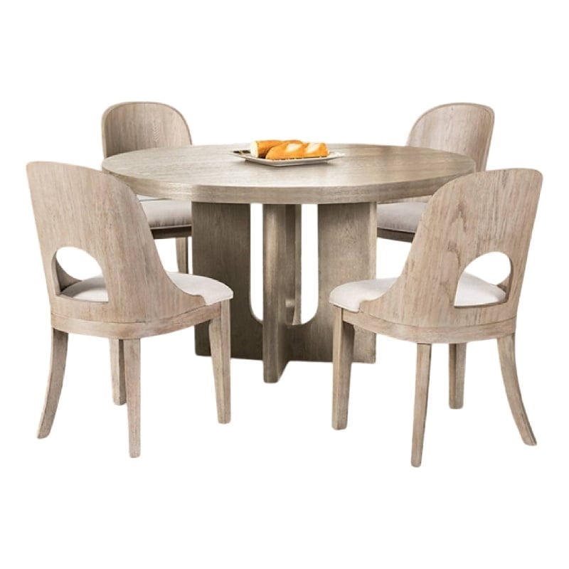 Pemberly Row 5 Piece Round Dining Table Set Polyester Chairs in White Solid Wood