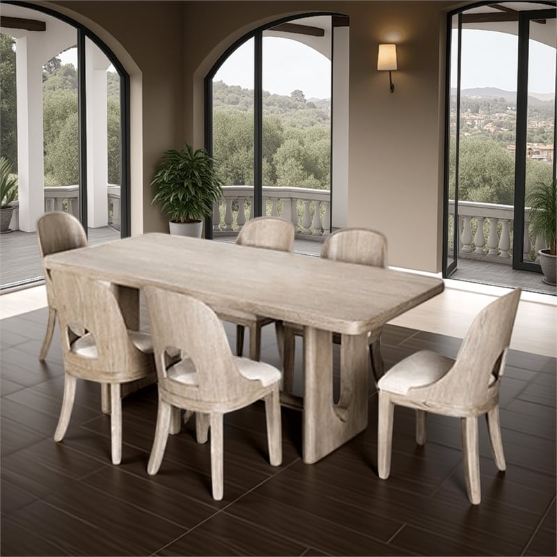 Pemberly Row 7 Piece Dining Table Set Polyester Cushion Seats White Wash Wood