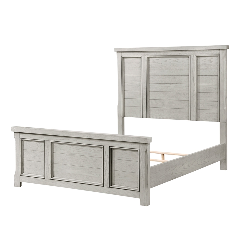 Pemberly Row Queen Size Bed with Tall Headboard Farmhouse White Oak Veneer Wood