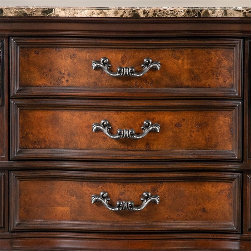 Pemberly Row 33 Inch Nightstand 3 Drawers Ornate in Oak and Dark Cherry Brown