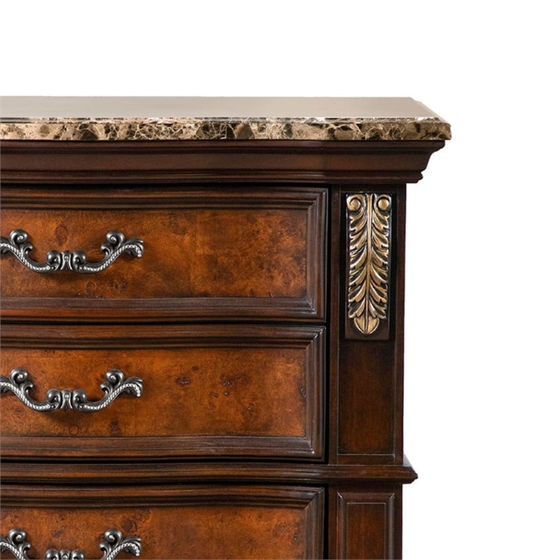 Pemberly Row 33 Inch Nightstand 3 Drawers Ornate in Oak and Dark Cherry Brown