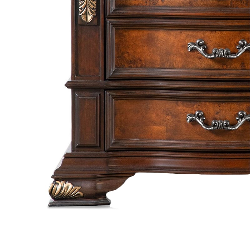 Pemberly Row 33 Inch Nightstand 3 Drawers Ornate in Oak and Dark Cherry Brown