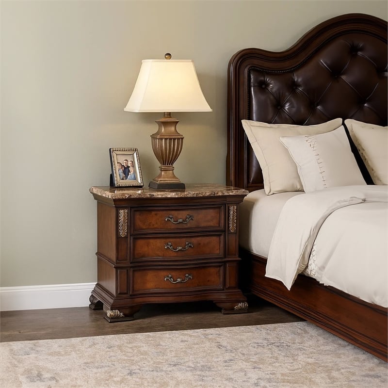 Pemberly Row 33 Inch Nightstand 3 Drawers Ornate in Oak and Dark Cherry Brown