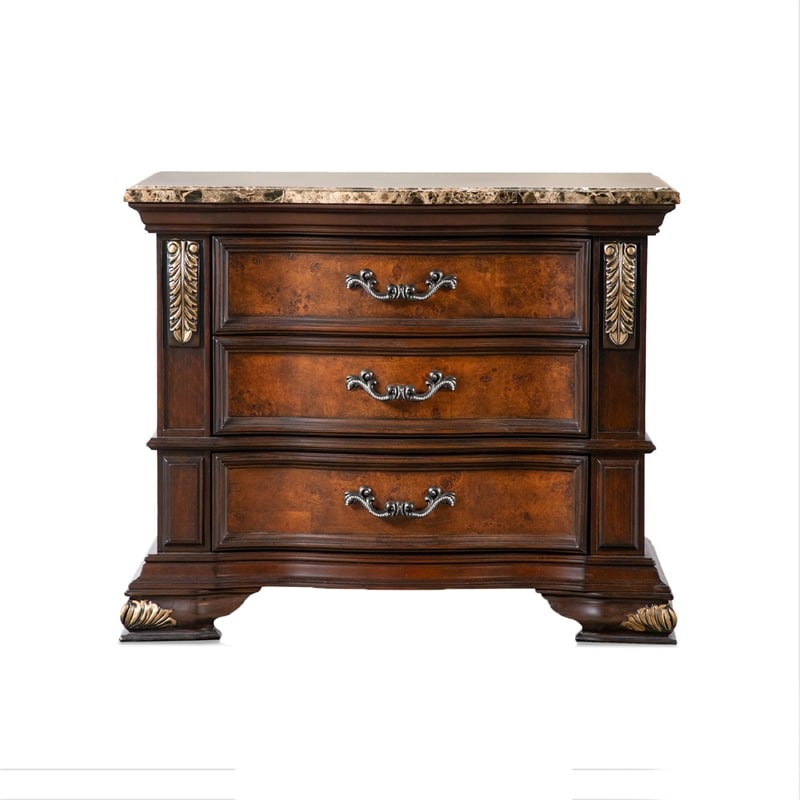 Pemberly Row 33 Inch Nightstand 3 Drawers Ornate in Oak and Dark Cherry Brown