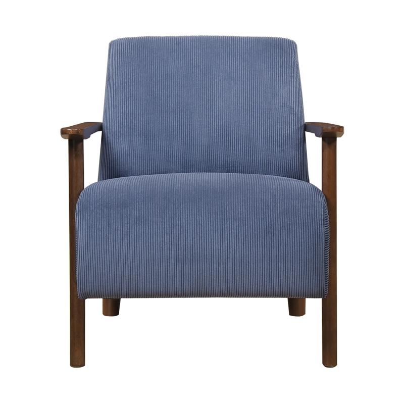 Pemberly Row Accent Club Chair in Blue Corduroy Dark Brown Solid Wood Frame
