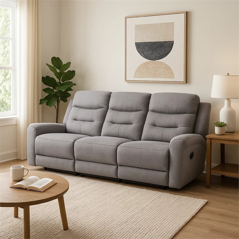 Pemberly Row 87 Inch Manual Recliner Sofa Scroll Arms in Solid Wood Gray Fabric