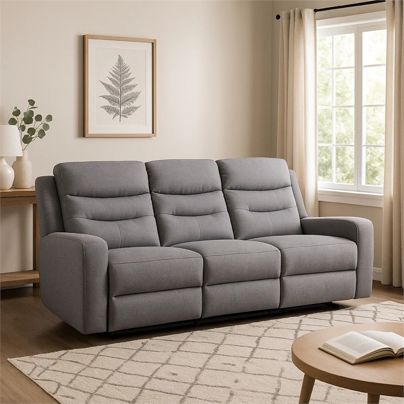 Pemberly Row 87 Inch Manual Recliner Sofa Scroll Arms in Solid Wood Gray Fabric