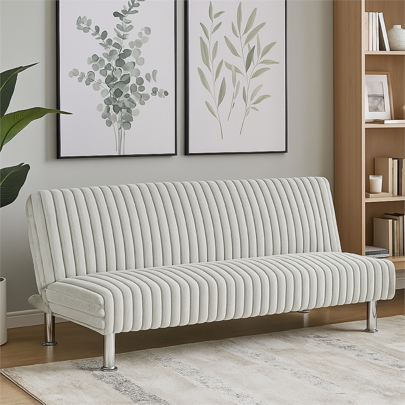 Pemberly Row Fold Out Futon Sofa Bed in Light Gray Modern Chrome Metal Legs