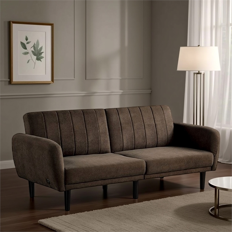 Pemberly Row Fold Out Futon Sofa Bed in Dark Brown Retro Channel Tufted Back