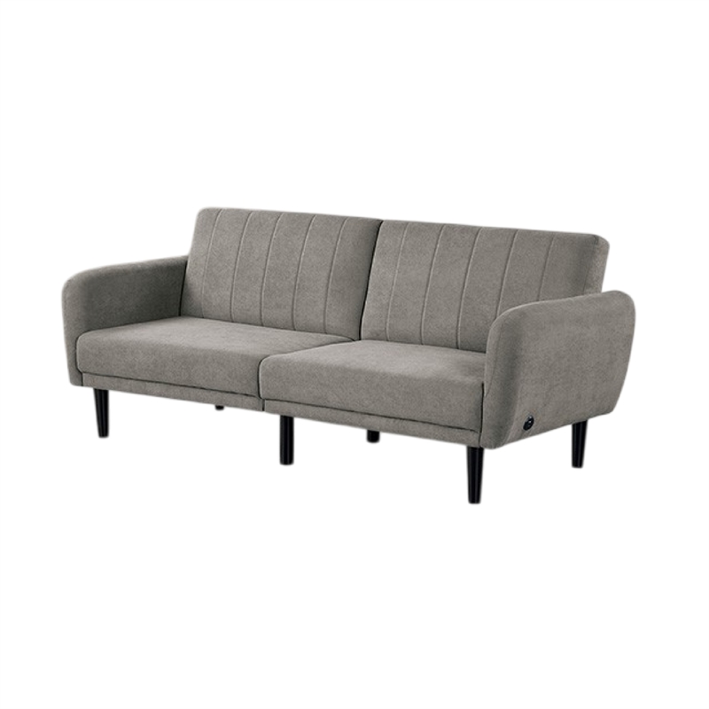 Pemberly Row Fold Out Futon Sofa Bed in Light Gray Retro Channel Tufted Back
