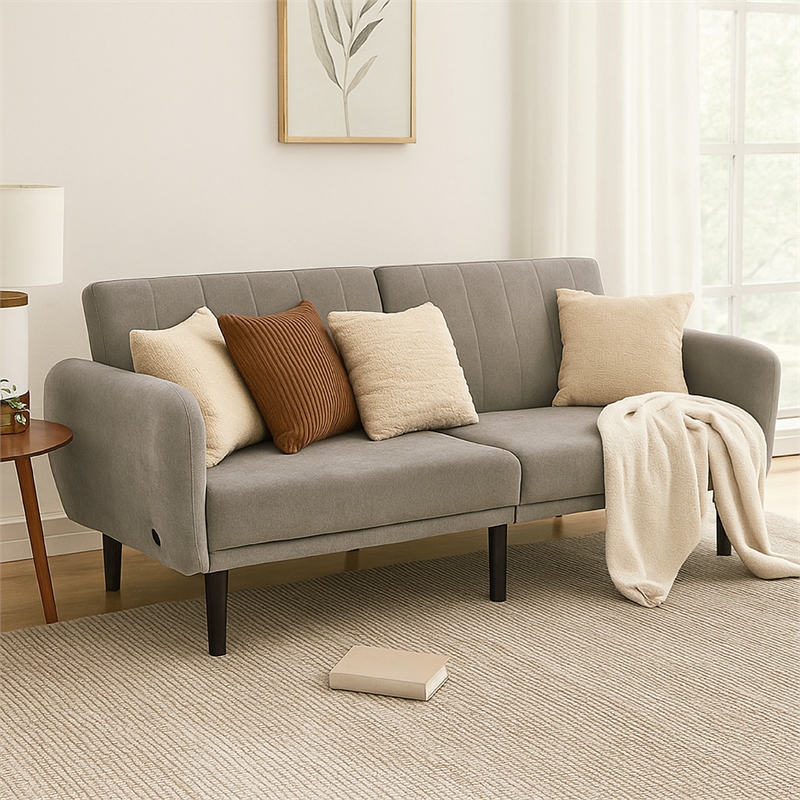 Pemberly Row Fold Out Futon Sofa Bed in Light Gray Retro Channel Tufted Back