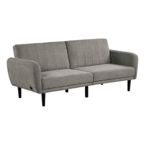 Pemberly Row Fold Out Futon Sofa Bed in Light Gray Retro Channel Tufted Back