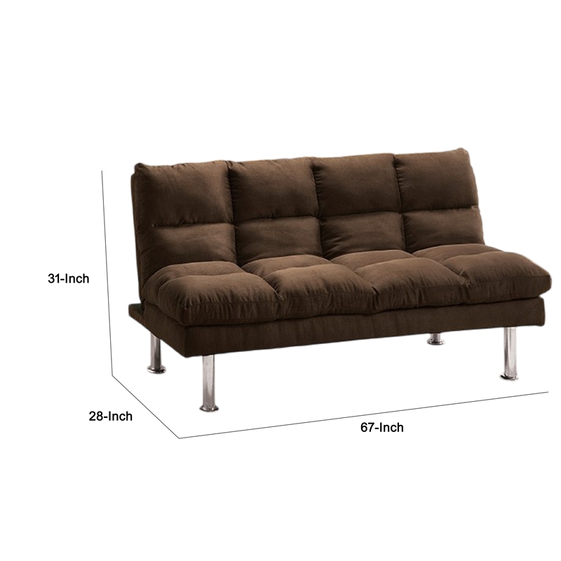 Pemberly Row Fold Out Futon Sofa Bed Tufted in Dark Brown Microfiber Chrome Legs