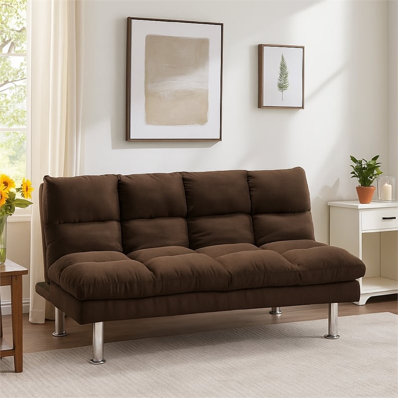 Pemberly Row Fold Out Futon Sofa Bed Tufted in Dark Brown Microfiber Chrome Legs