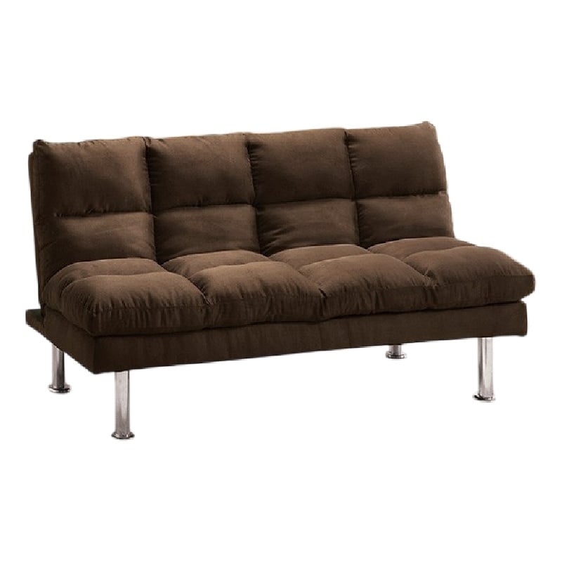 Pemberly Row Fold Out Futon Sofa Bed Tufted in Dark Brown Microfiber Chrome Legs