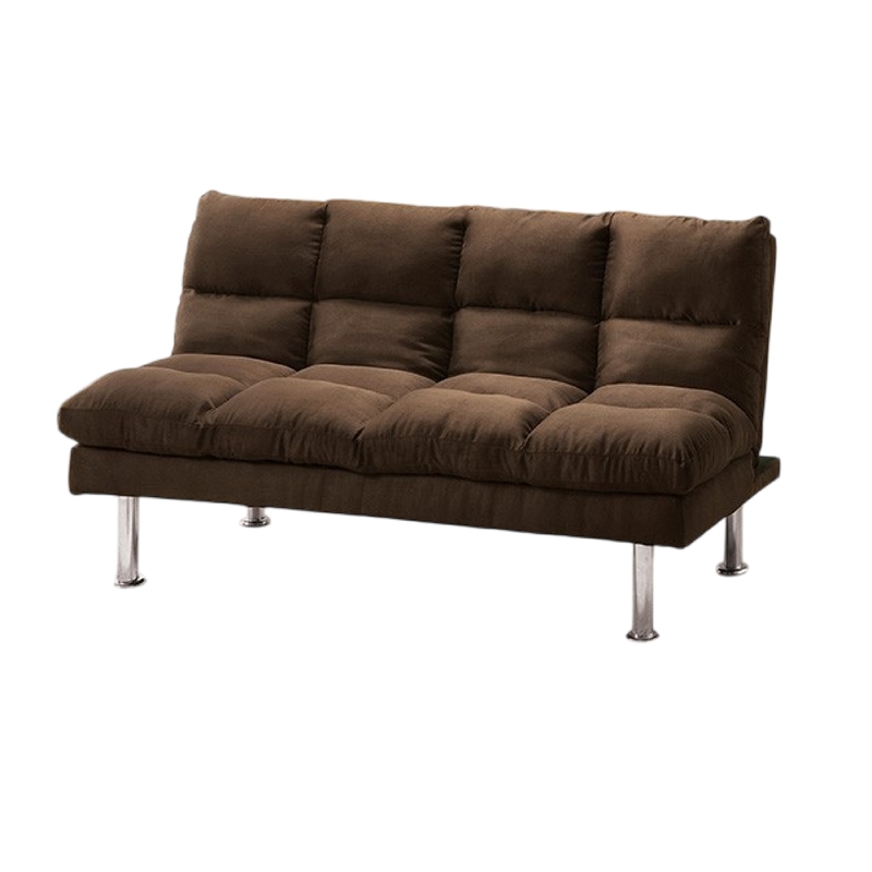 Pemberly Row Fold Out Futon Sofa Bed Tufted in Dark Brown Microfiber Chrome Legs