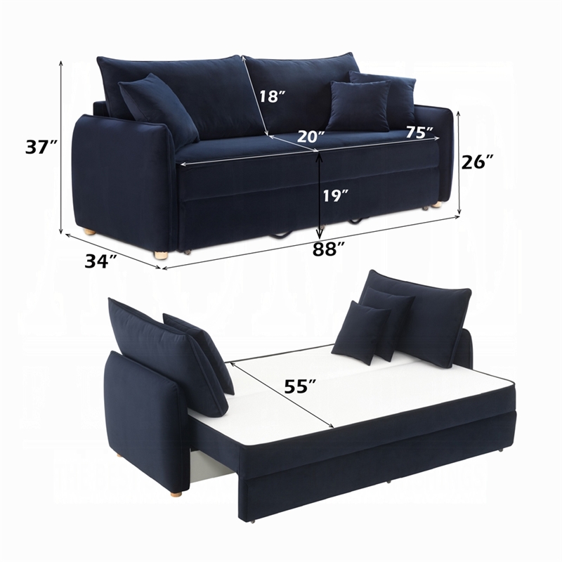 Pemberly Row 88 Inch Sleeper Sofa Full Fold Out Bed 3 Pillows in Blue Velvet