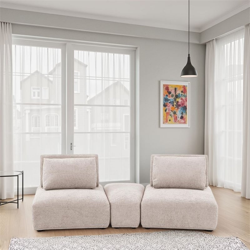 Pemberly Row Modular Curved 2 Seat Sofa in Light Brown Boucle Adjustable Back