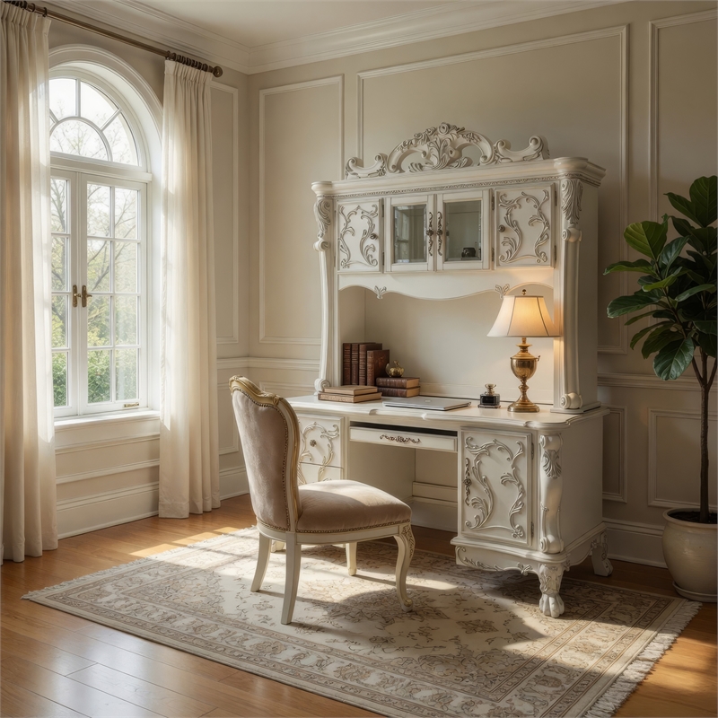 Pemberly Row 88 Inch Computer Desk and Hutch Victorian Classic in Bone White