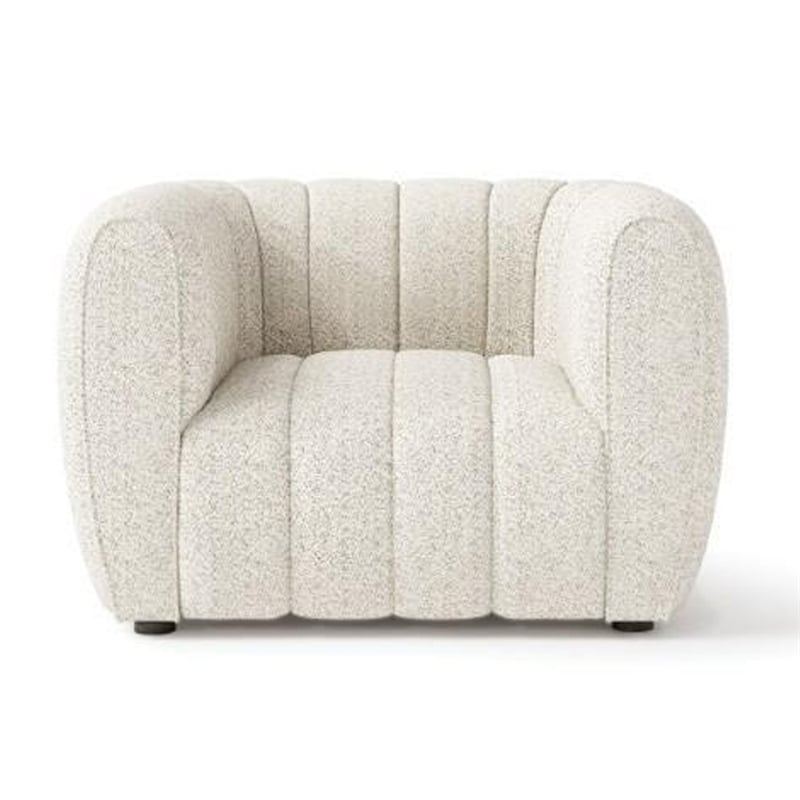 Pemberly Row Accent Chair in White Channel Tufted Boucle Curved Low Back
