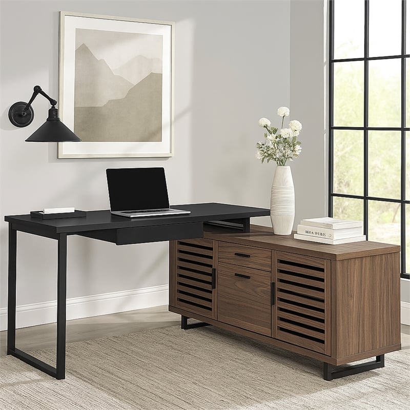 Pemberly Row L Shape Computer Desk 2 Doors Drawers Black Metal Walnut Wood